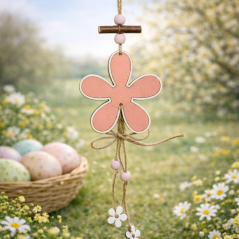 Květina závěs dřevo 37,5 cm růžová